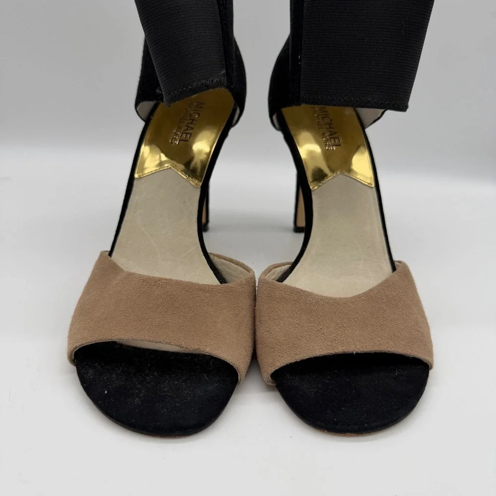 Michael Kors Sivian Black Tan Suede Ankle Strap d'Orsay Bootie Heels Womens 9.5M